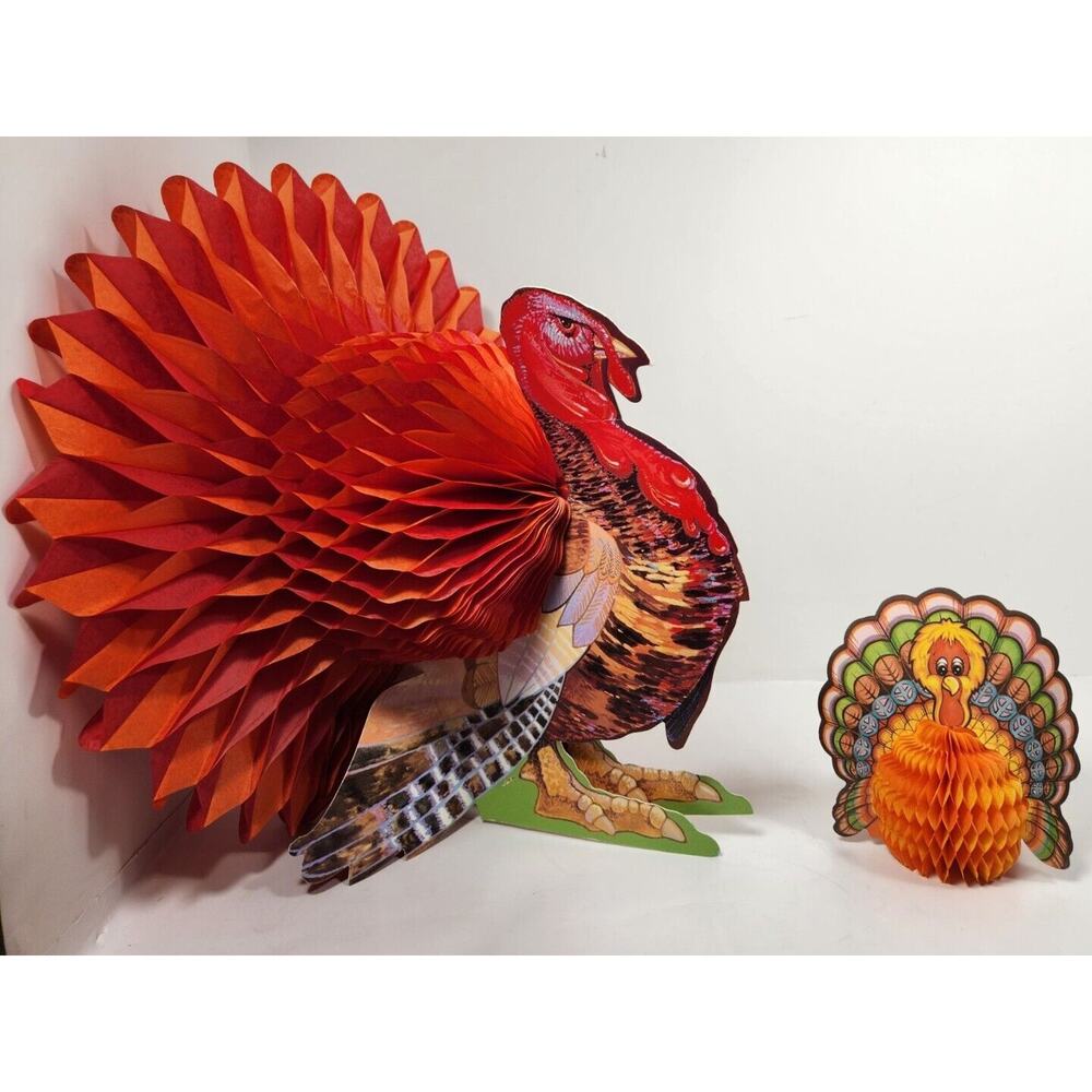 Vintage Beistle Thanksgiving Honeycomb Turkey Lot Of 2 Decorations Centerpieces